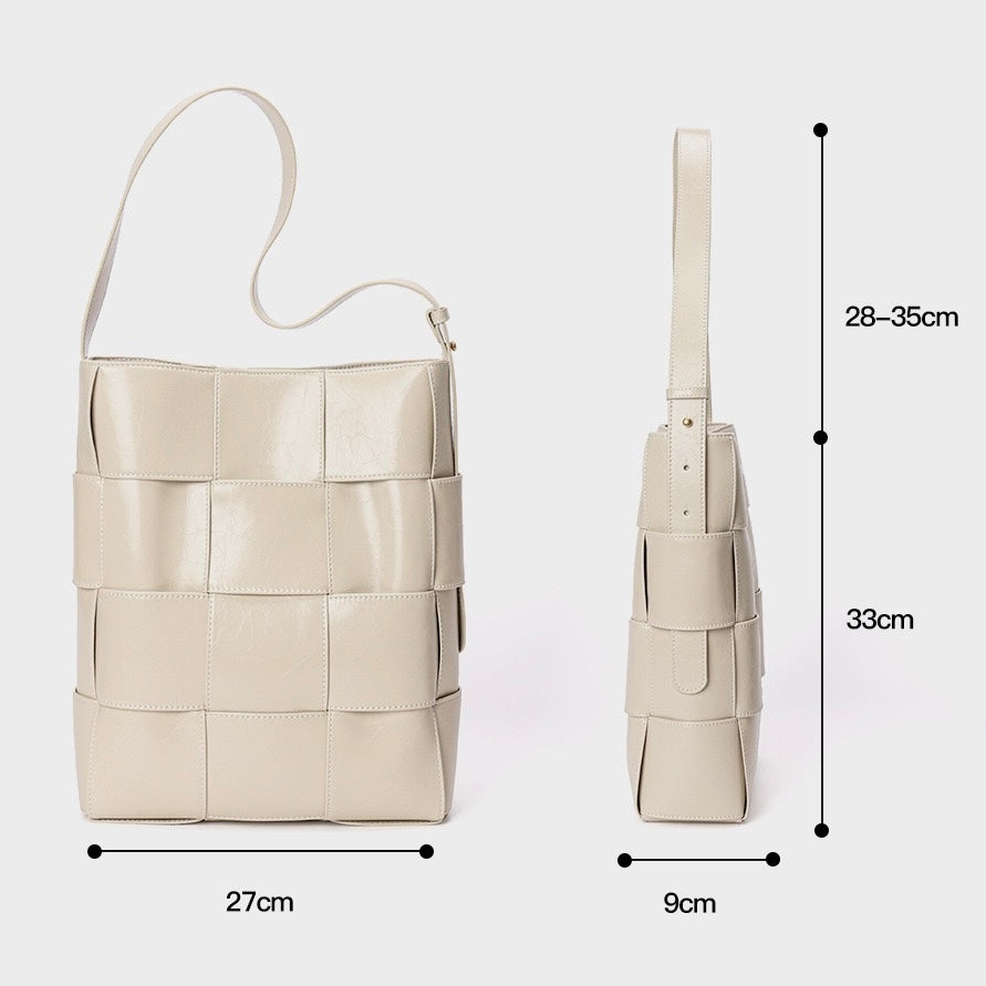 Beige Woven Leather Bucket Shoulder Bag | Effortless Quiet Luxury