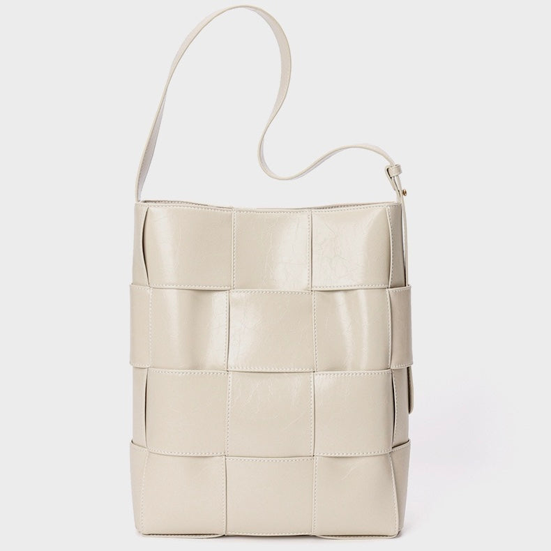 Beige Woven Leather Bucket Shoulder Bag | Effortless Quiet Luxury