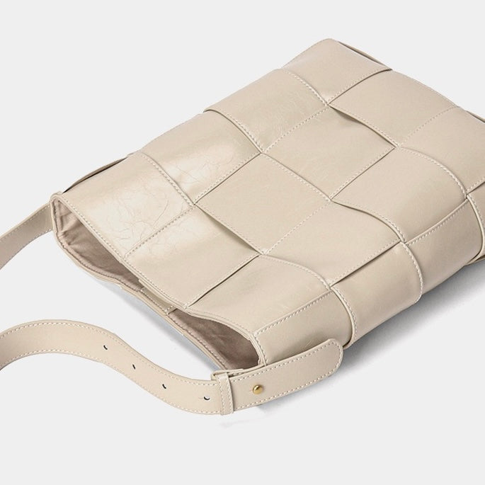 Beige Woven Leather Bucket Shoulder Bag | Effortless Quiet Luxury