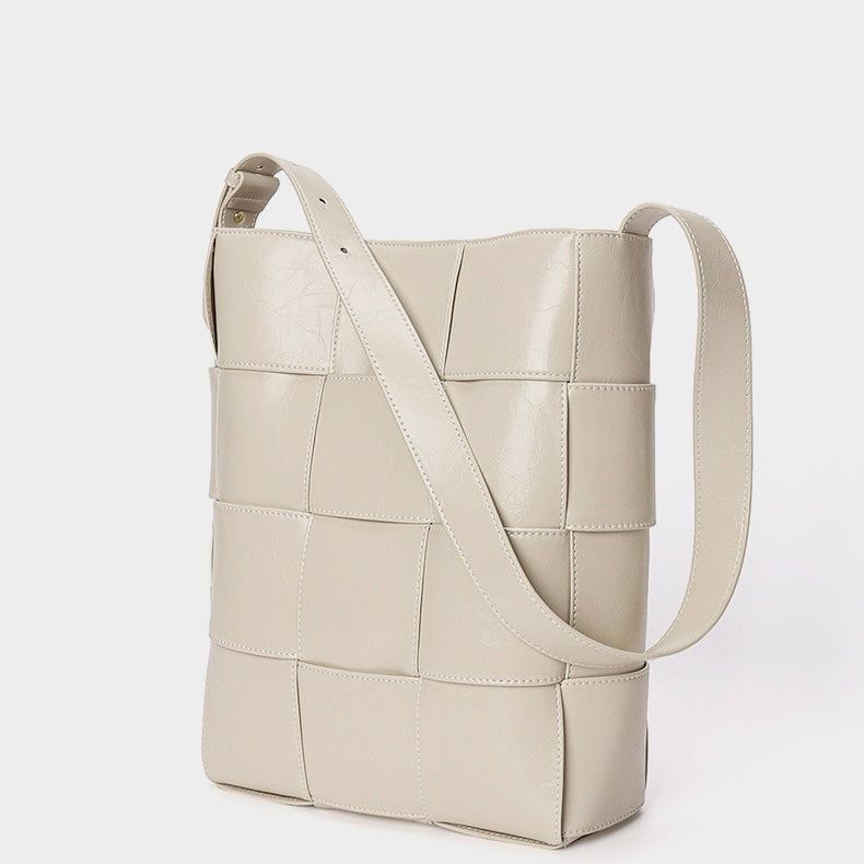 Beige Woven Leather Bucket Shoulder Bag | Effortless Quiet Luxury