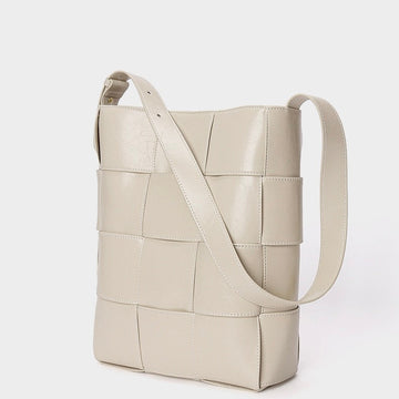 Beige Woven Leather Bucket Shoulder Bag | Effortless Quiet Luxury