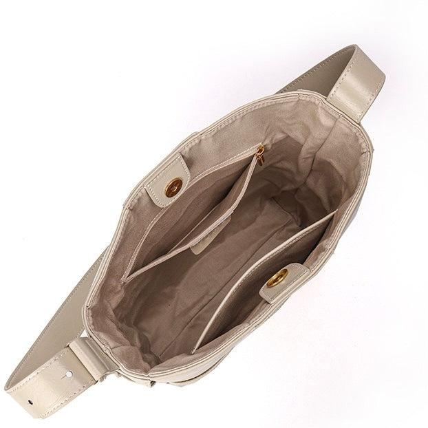 Beige Woven Leather Bucket Shoulder Bag | Effortless Quiet Luxury