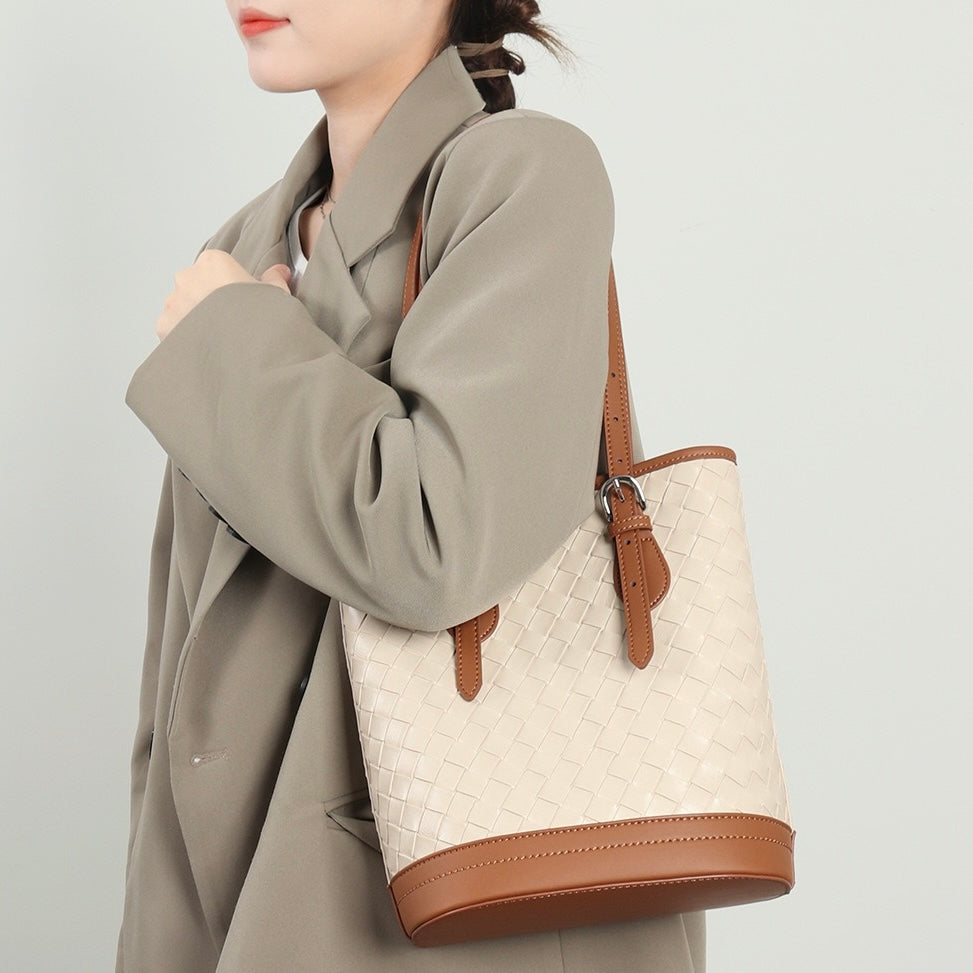 Woven Genuine Leather Color Block Bucket Tote Bag | Understated Luxury