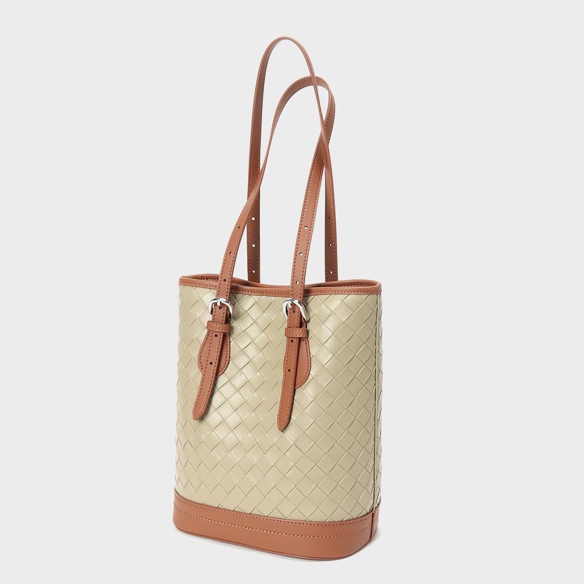 Woven Genuine Leather Color Block Bucket Tote Bag | Understated Luxury