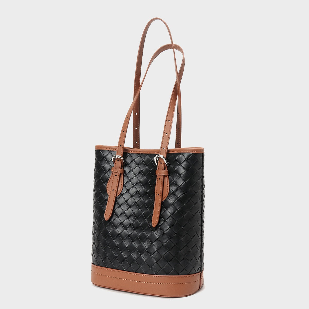 Woven Genuine Leather Color Block Bucket Tote Bag | Understated Luxury