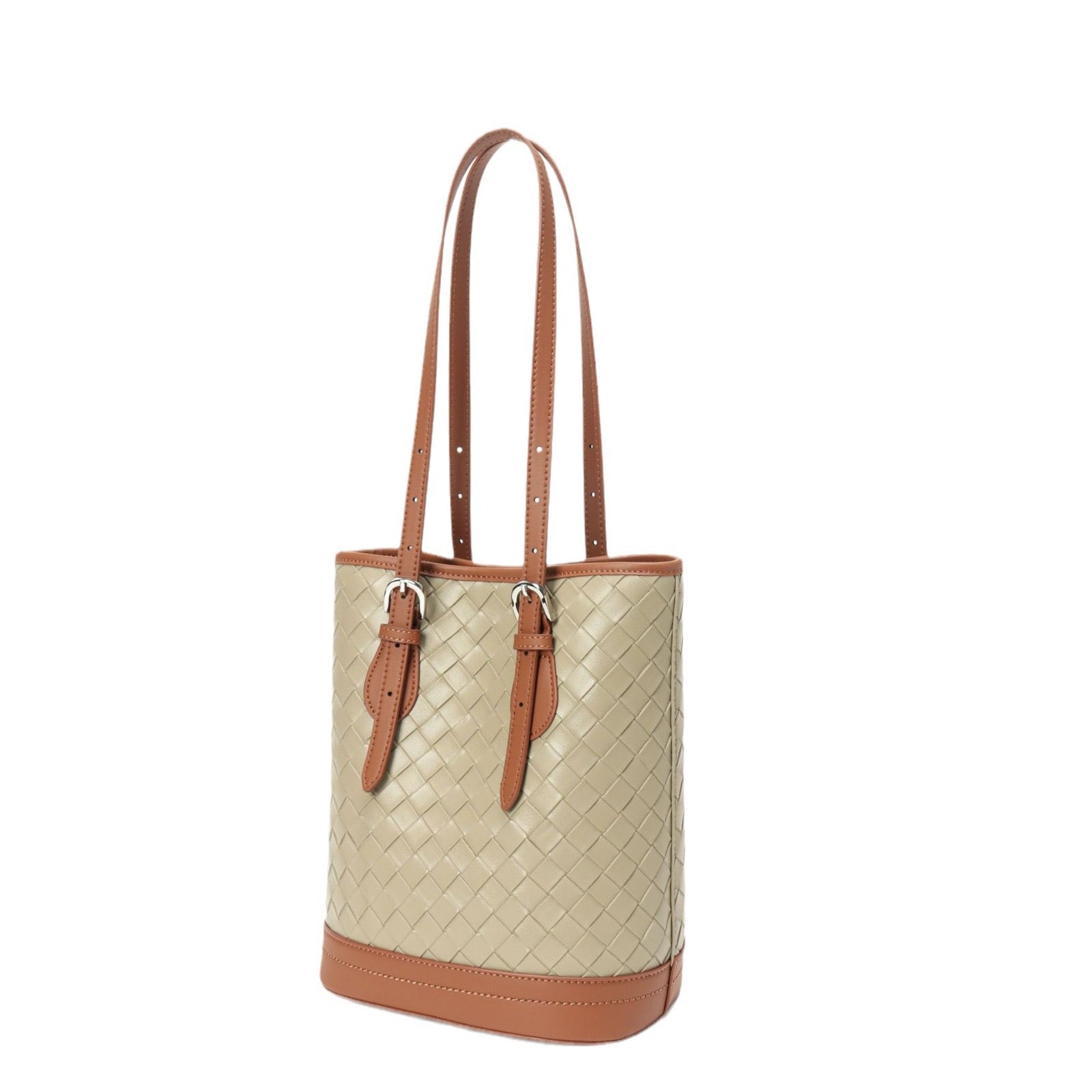 Woven Genuine Leather Color Block Bucket Tote Bag | Understated Luxury
