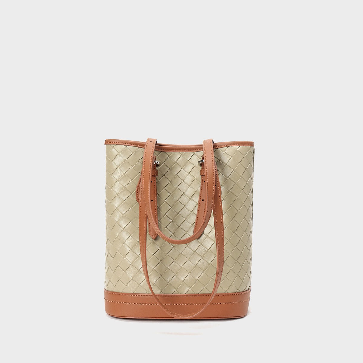 Woven Genuine Leather Color Block Bucket Tote Bag | Understated Luxury