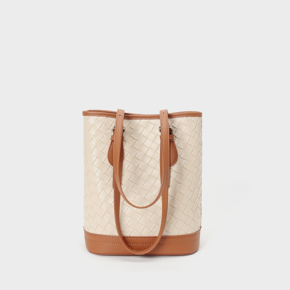Woven Genuine Leather Color Block Bucket Tote Bag | Understated Luxury