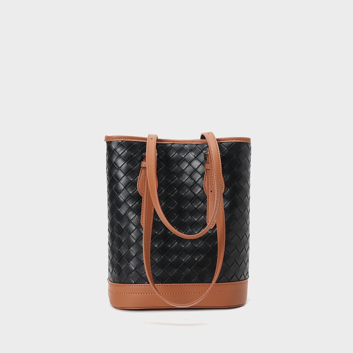 Woven Genuine Leather Color Block Bucket Tote Bag | Understated Luxury