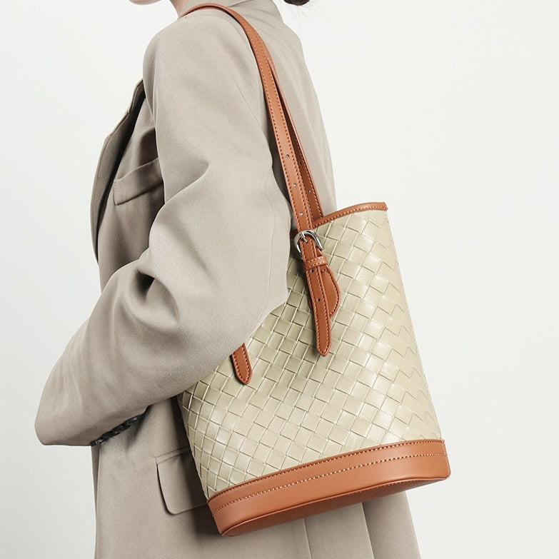 Woven Genuine Leather Bucket Tote Bag | Effortless Color Block Elegance