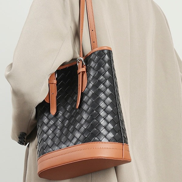 Woven Genuine Leather Color Block Bucket Tote Bag | Understated Luxury