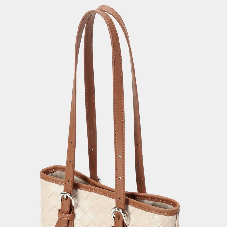 Woven Genuine Leather Color Block Bucket Tote Bag | Understated Luxury