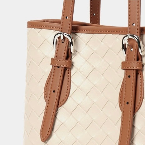 Woven Genuine Leather Color Block Bucket Tote Bag | Understated Luxury