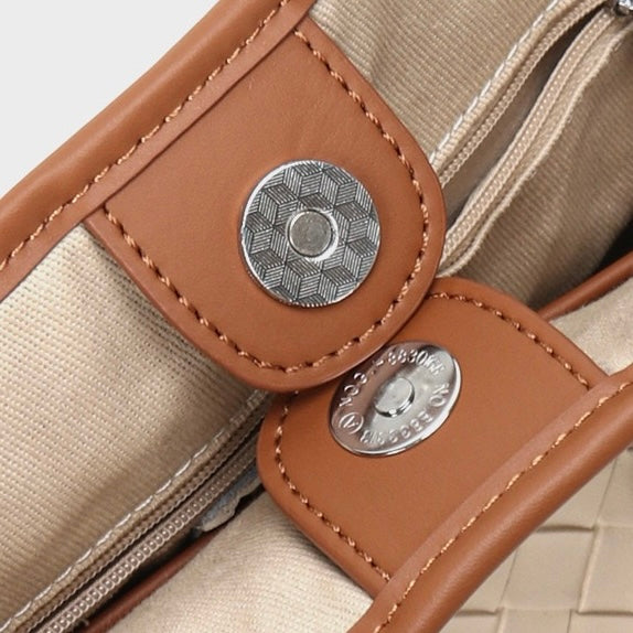 Woven Genuine Leather Color Block Bucket Tote Bag | Understated Luxury