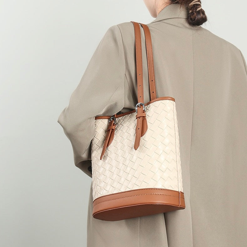 Woven Genuine Leather Color Block Bucket Tote Bag | Understated Luxury