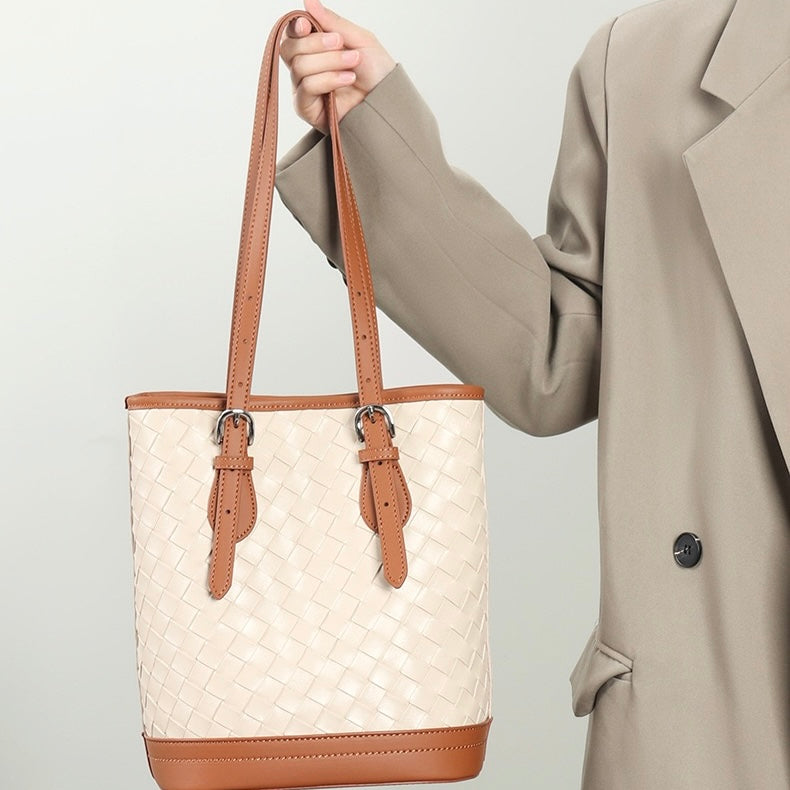 Woven Genuine Leather Color Block Bucket Tote Bag | Understated Luxury