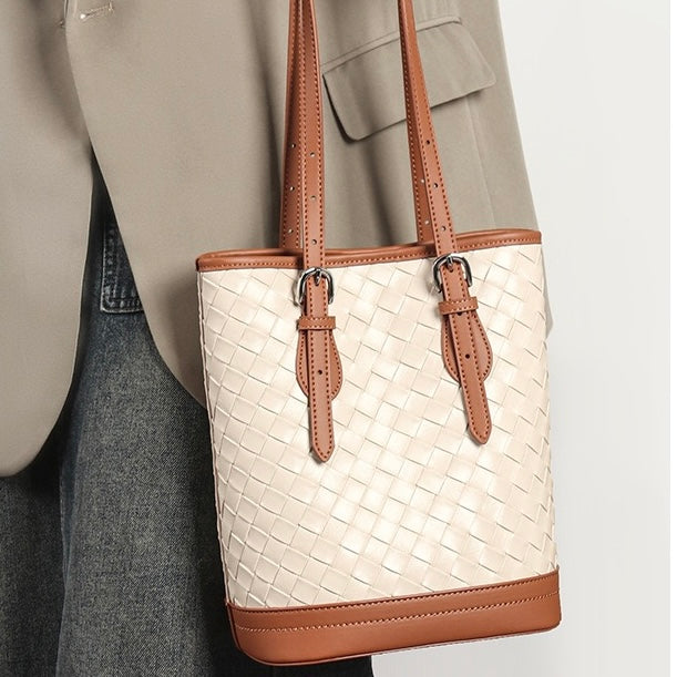 Woven Genuine Leather Color Block Bucket Tote Bag | Understated Luxury