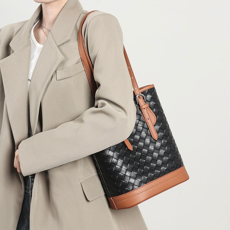 Woven Genuine Leather Color Block Bucket Tote Bag | Understated Luxury