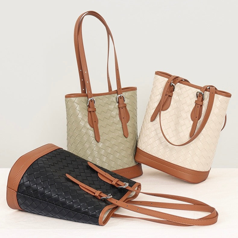 Woven Genuine Leather Color Block Bucket Tote Bag | Understated Luxury