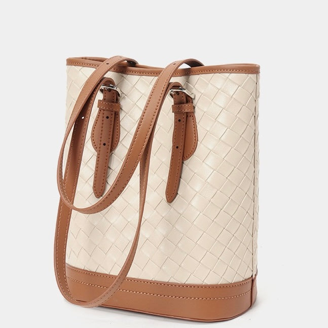 Woven Genuine Leather Color Block Bucket Tote Bag | Understated Luxury