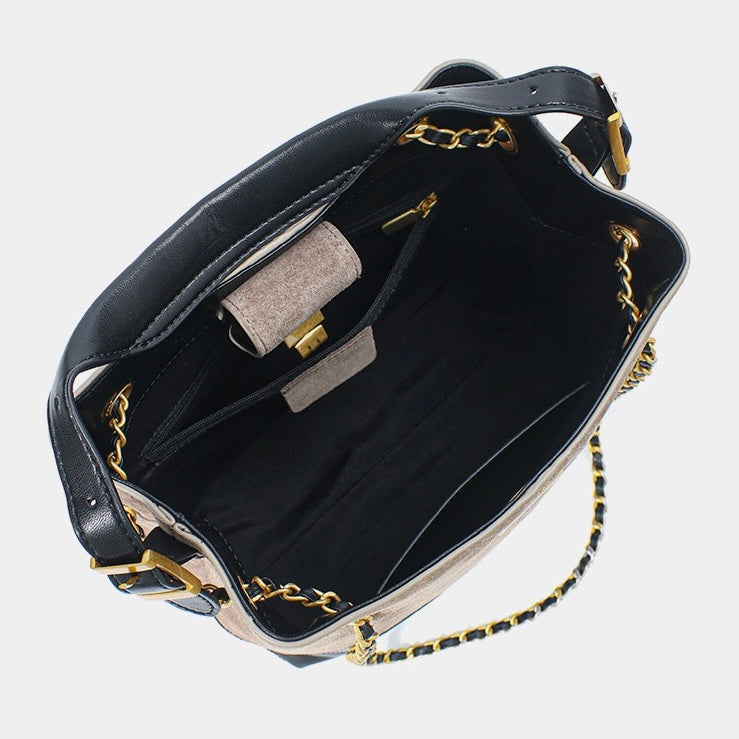 Genuine Suede Leather Chain Bucket Bag | Effortless Colorblock Elegance