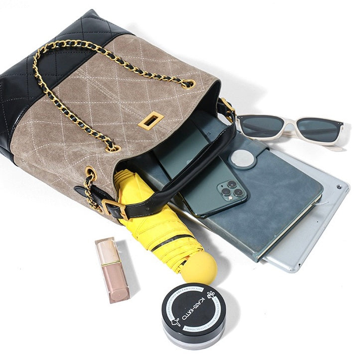 Genuine Suede Leather Chain Bucket Bag | Effortless Colorblock Elegance