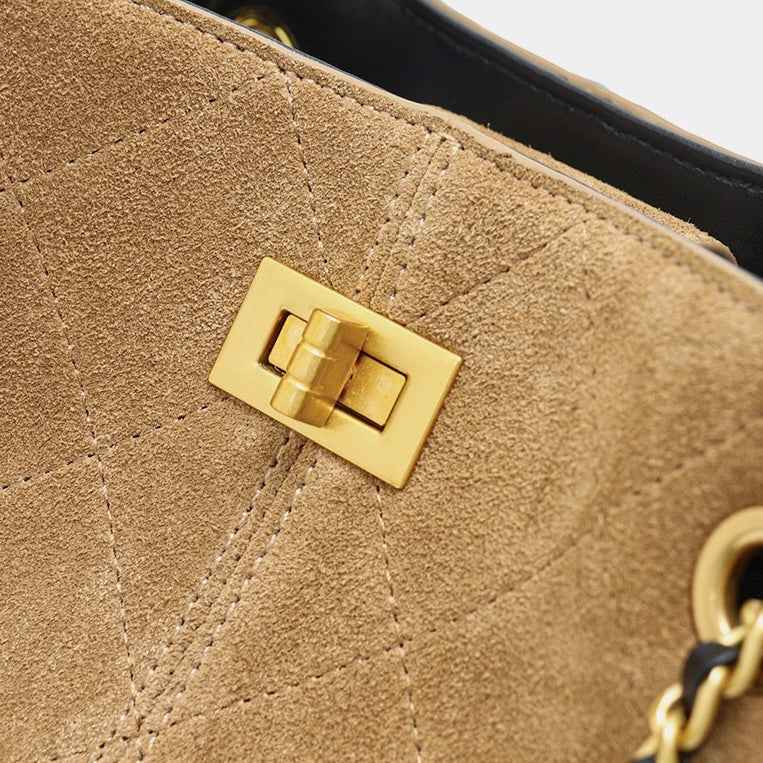 Genuine Suede Leather Chain Bucket Bag | Effortless Colorblock Elegance