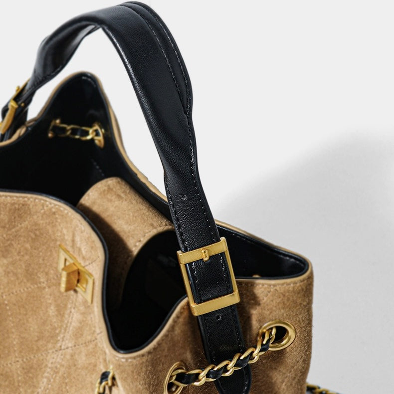 Genuine Suede Leather Chain Bucket Bag | Effortless Colorblock Elegance