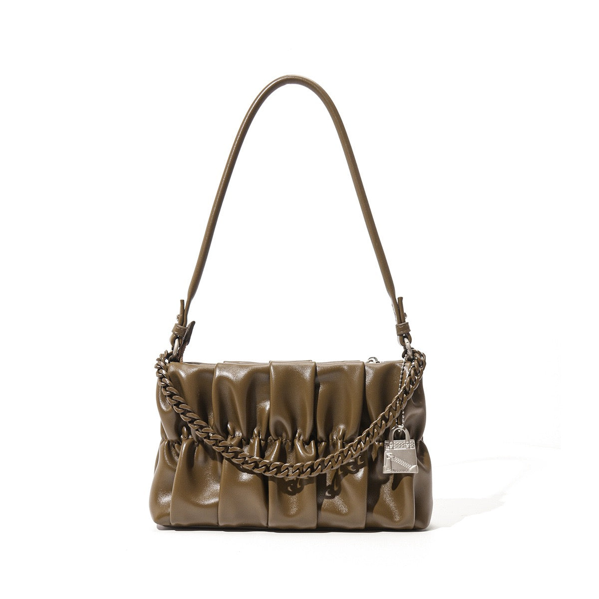 Textured Olive Genuine Leather Shoulder Bag | Timeless Chain Detail Elegance