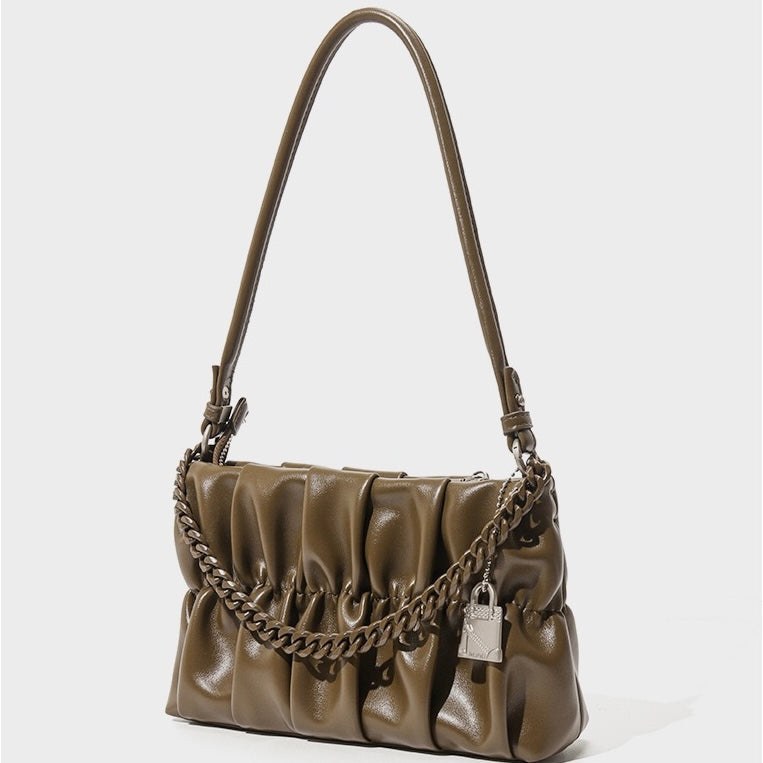 Textured Olive Genuine Leather Shoulder Bag | Timeless Chain Detail Elegance