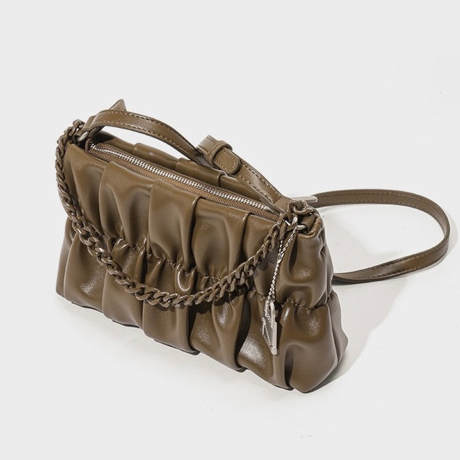 Textured Olive Genuine Leather Shoulder Bag | Timeless Chain Detail Elegance