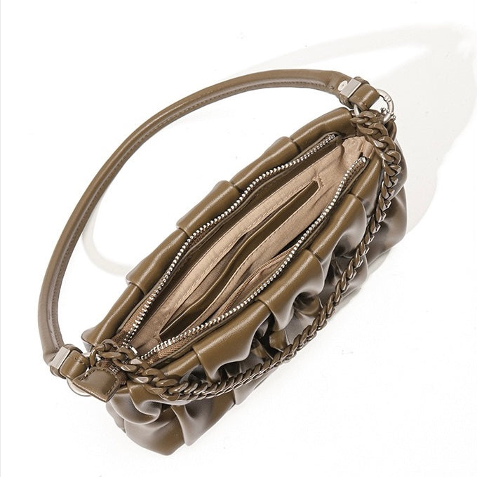 Textured Olive Genuine Leather Shoulder Bag | Timeless Chain Detail Elegance