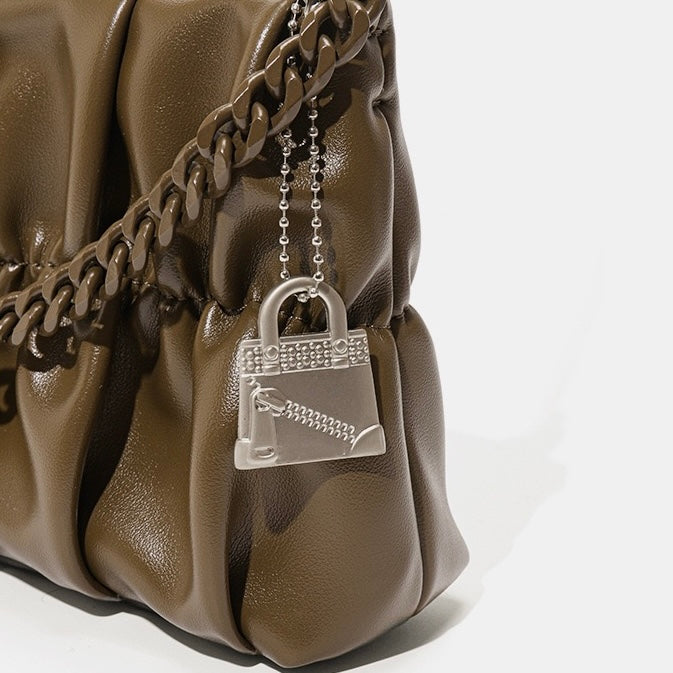 Textured Olive Genuine Leather Shoulder Bag | Timeless Chain Detail Elegance