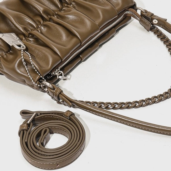Textured Olive Genuine Leather Shoulder Bag | Timeless Chain Detail Elegance