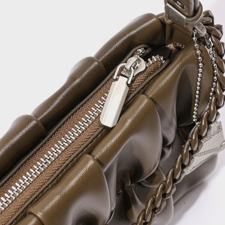 Textured Olive Genuine Leather Shoulder Bag | Timeless Chain Detail Elegance