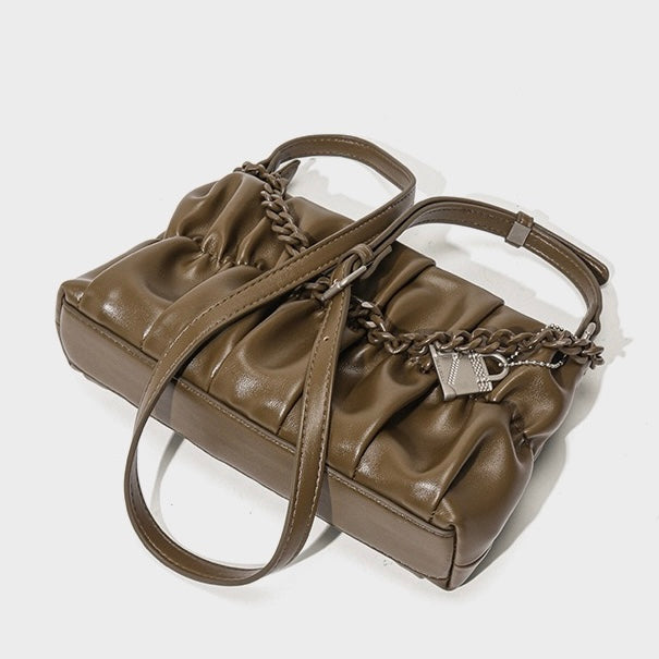Textured Olive Genuine Leather Shoulder Bag | Timeless Chain Detail Elegance