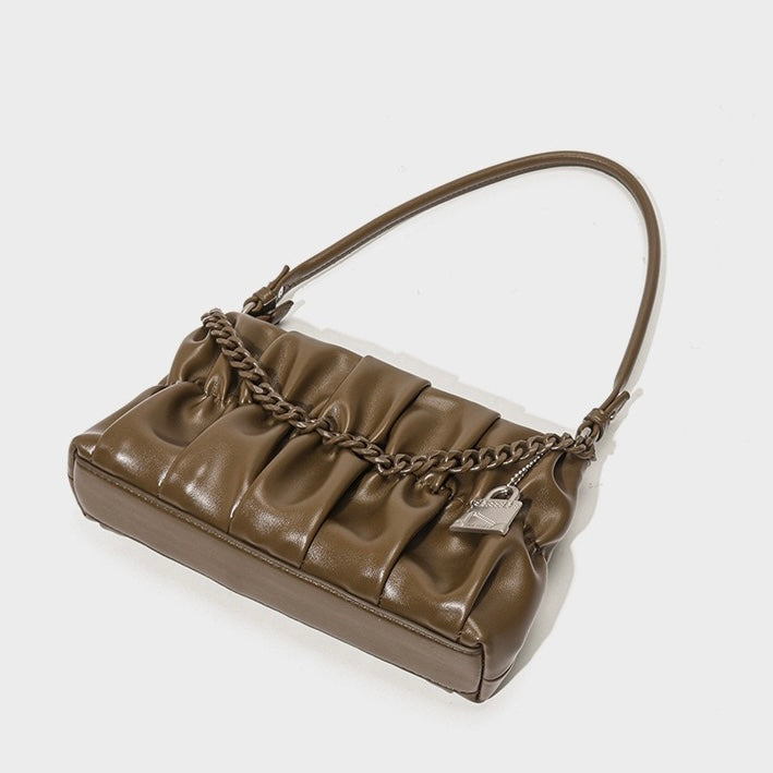 Textured Olive Genuine Leather Shoulder Bag | Timeless Chain Detail Elegance