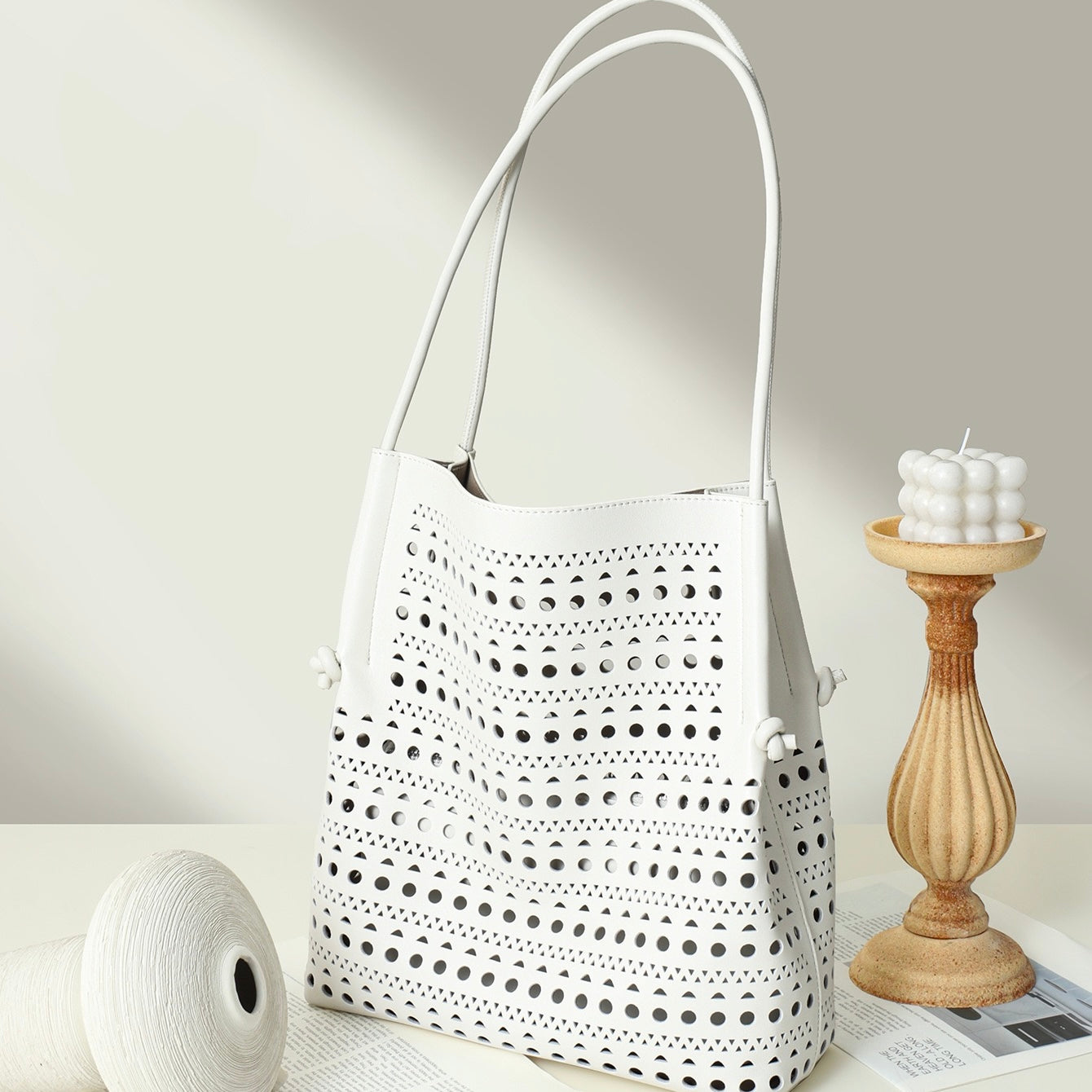 Genuine Leather Tote Bag | Perforated Elegance With Detachable Pouch