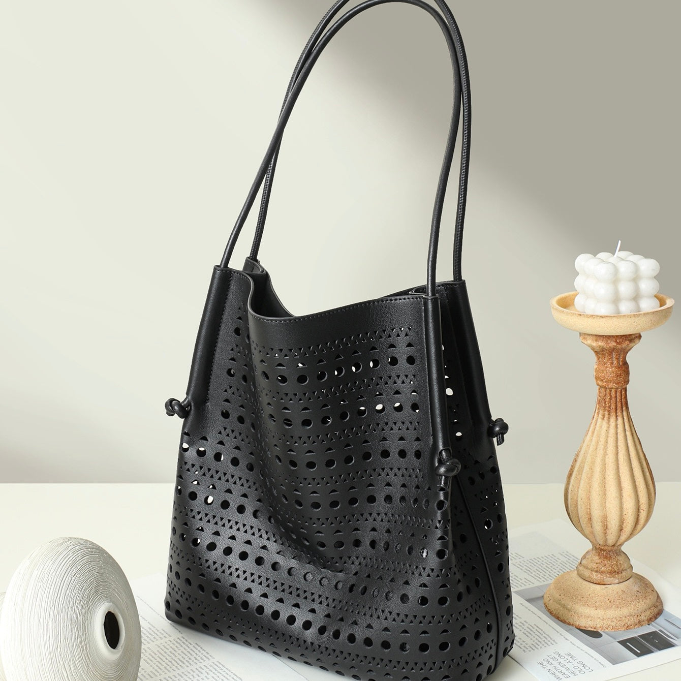 Genuine Leather Tote Bag | Perforated Elegance With Detachable Pouch
