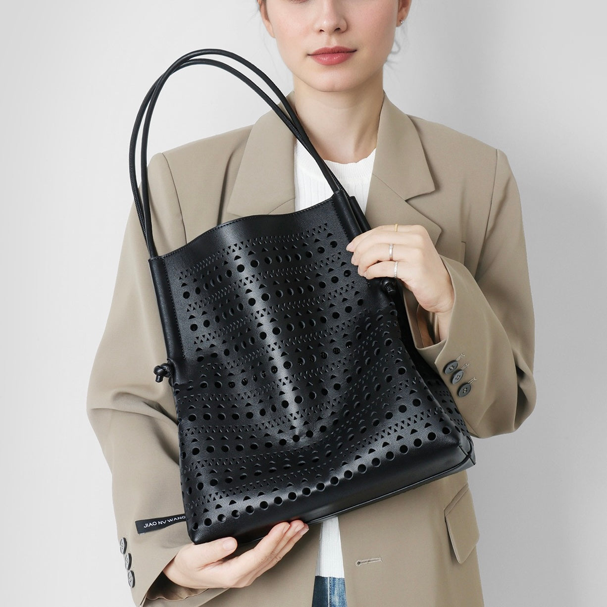 Genuine Leather Tote Bag | Perforated Elegance With Detachable Pouch
