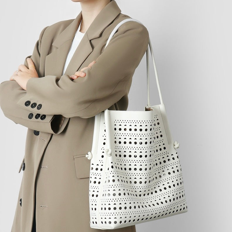 Genuine Leather Tote Bag | Perforated Elegance With Detachable Pouch