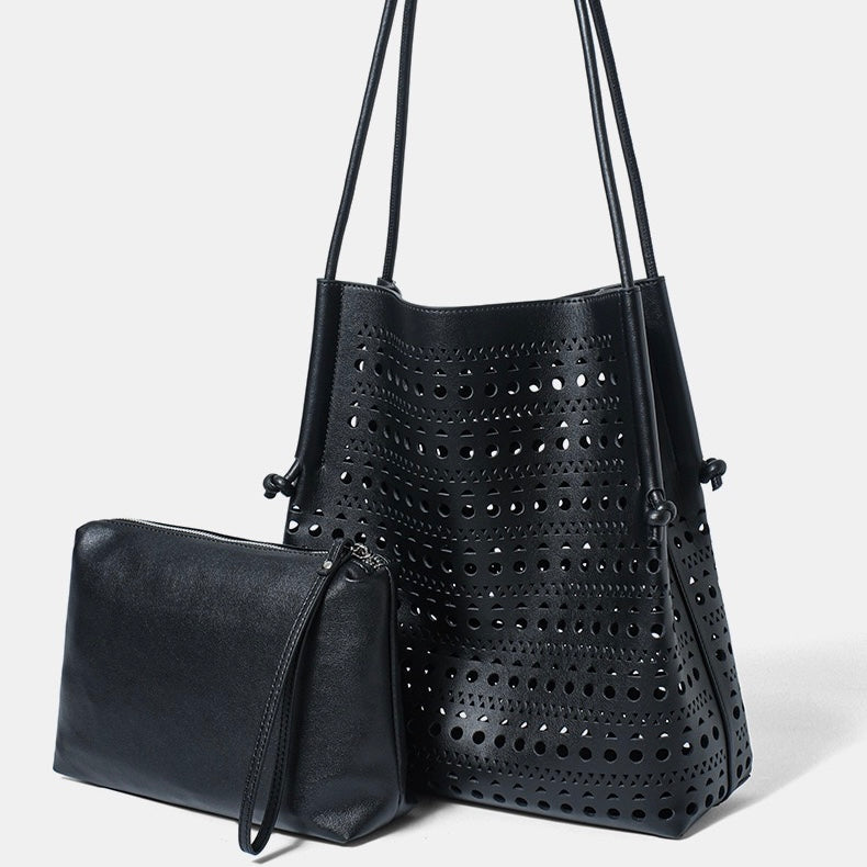 Genuine Leather Tote Bag | Perforated Elegance With Detachable Pouch