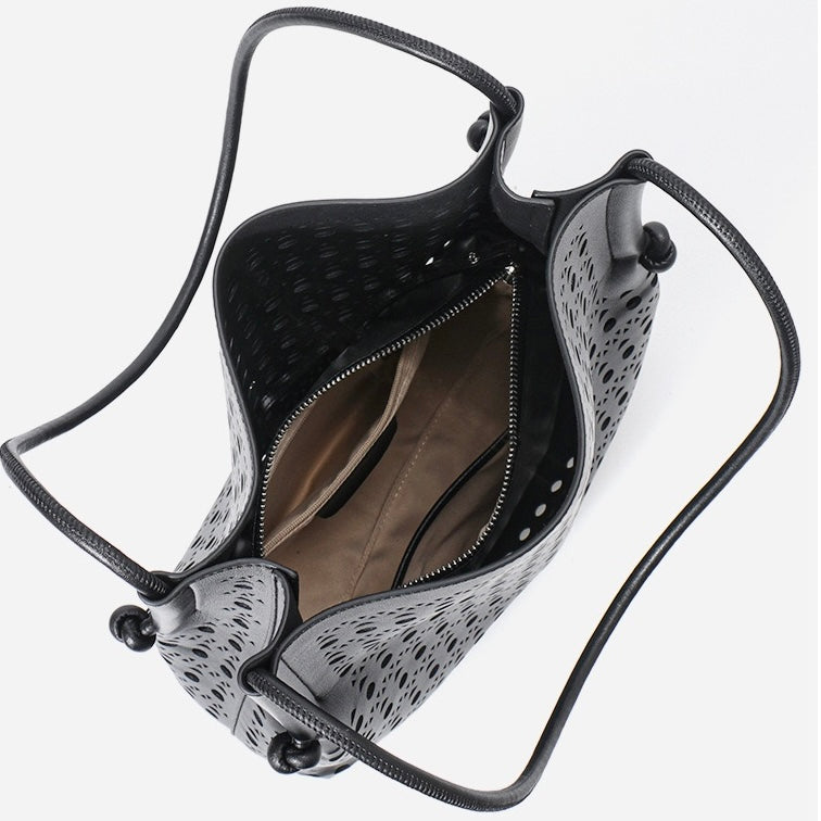 Genuine Leather Tote Bag | Perforated Elegance With Detachable Pouch