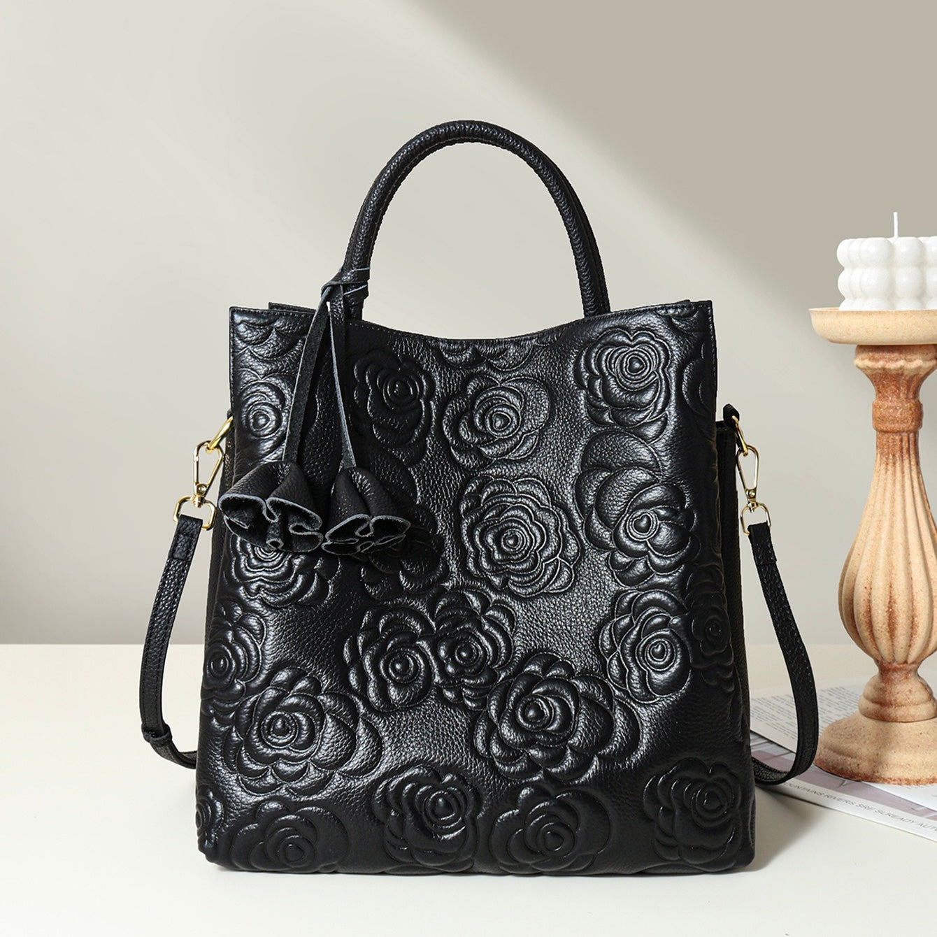 Genuine Leather Tote Bag | Rose Embossed With Detachable Strap Elegance