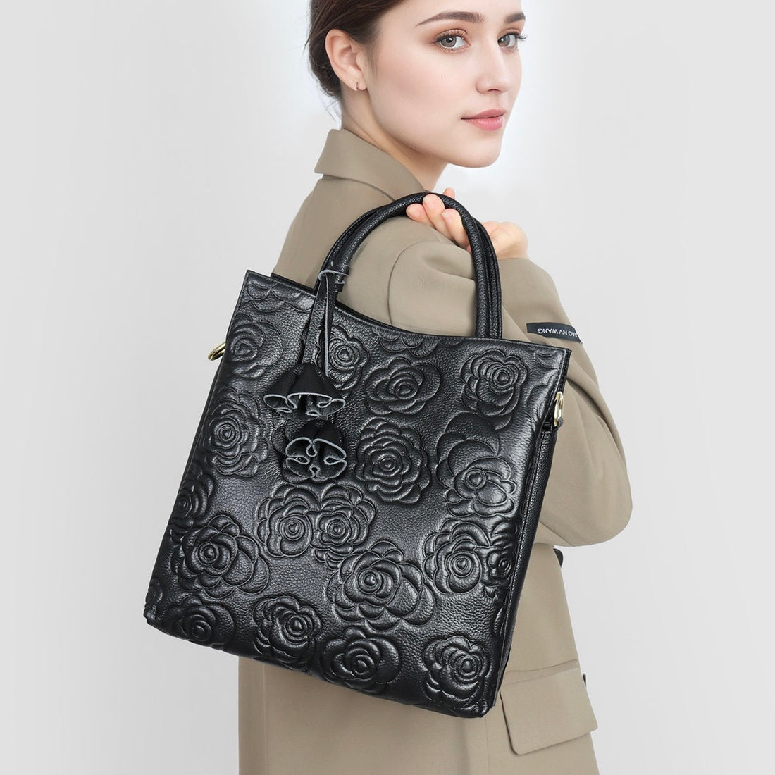Genuine Leather Tote Bag | Rose Embossed With Detachable Strap Elegance