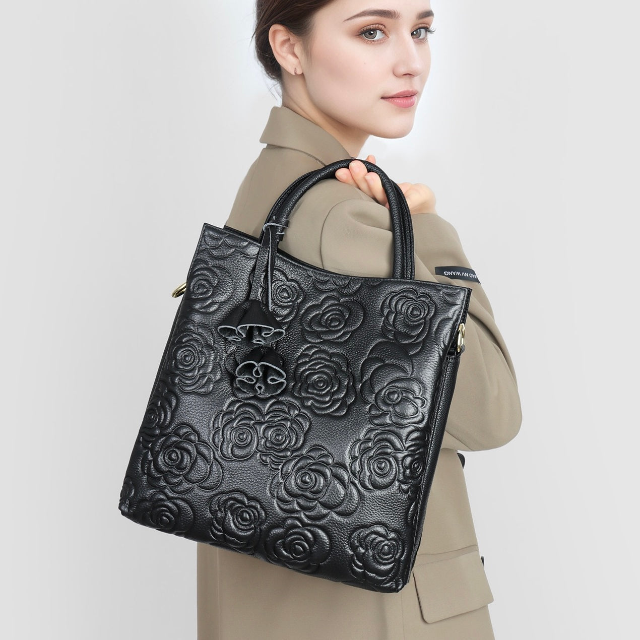 Genuine Leather Tote Bag | Rose Embossed With Detachable Strap Elegance