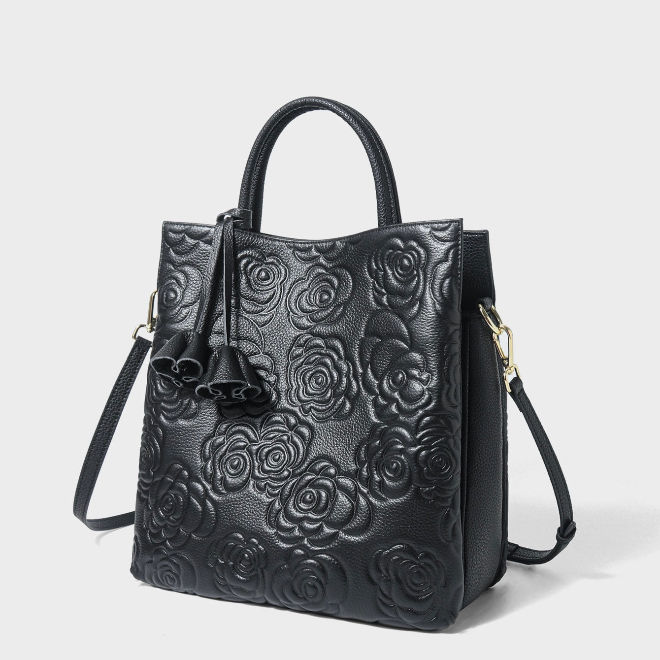 Genuine Leather Tote Bag | Rose Embossed With Detachable Strap Elegance