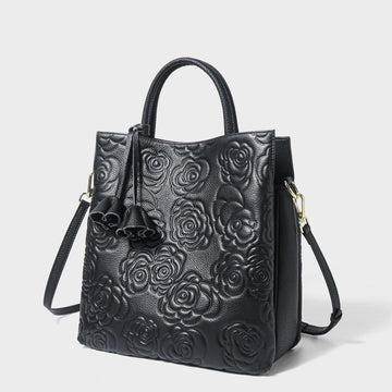 Genuine Leather Tote Bag | Rose Embossed With Detachable Strap Elegance