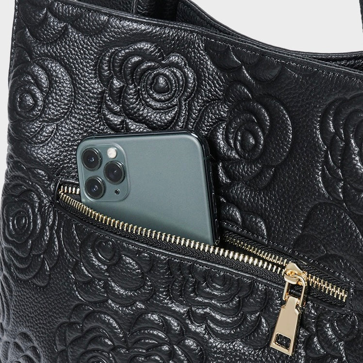 Genuine Leather Tote Bag | Rose Embossed With Detachable Strap Elegance