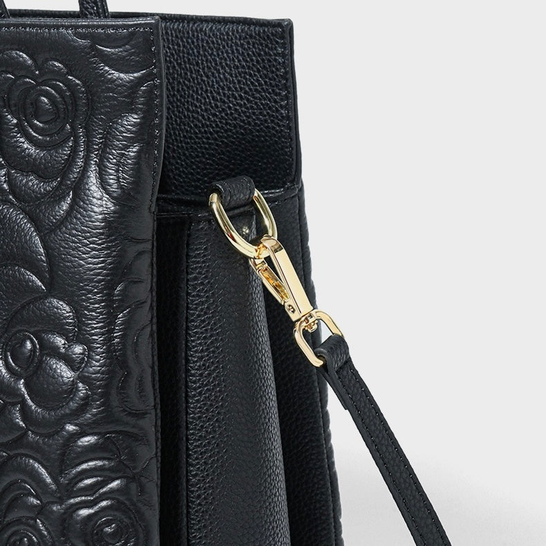 Genuine Leather Tote Bag | Rose Embossed With Detachable Strap Elegance